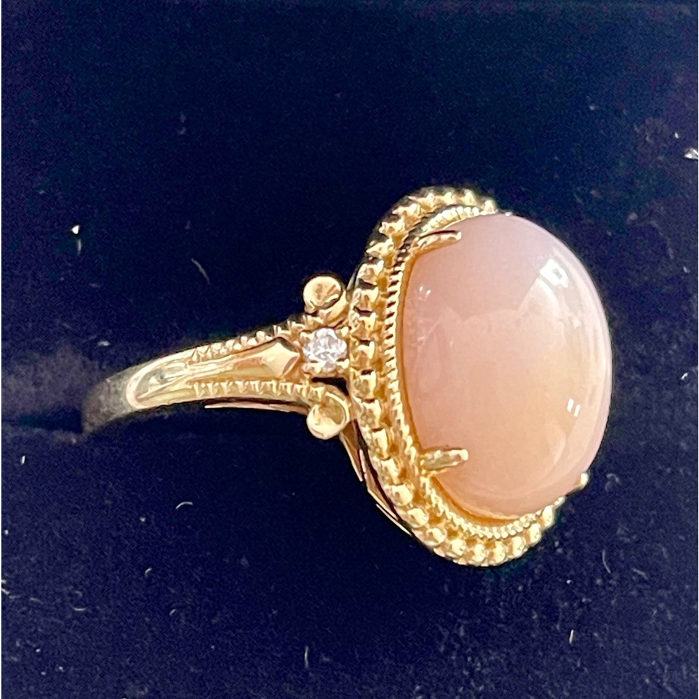 14K Yellow gold natural Oval cabochon Peruvian pink opal & diamonds ring RARE - Picture 6 of 16